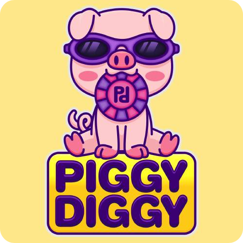 Banner promoting the PiggyDiggy mobile app with Android and iOS icons